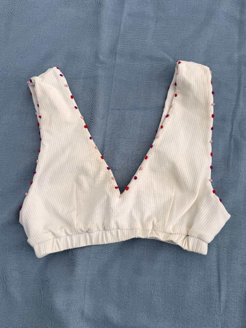 Marysia White Textured Scalloped Bikini Top - Red Embroidered Dots